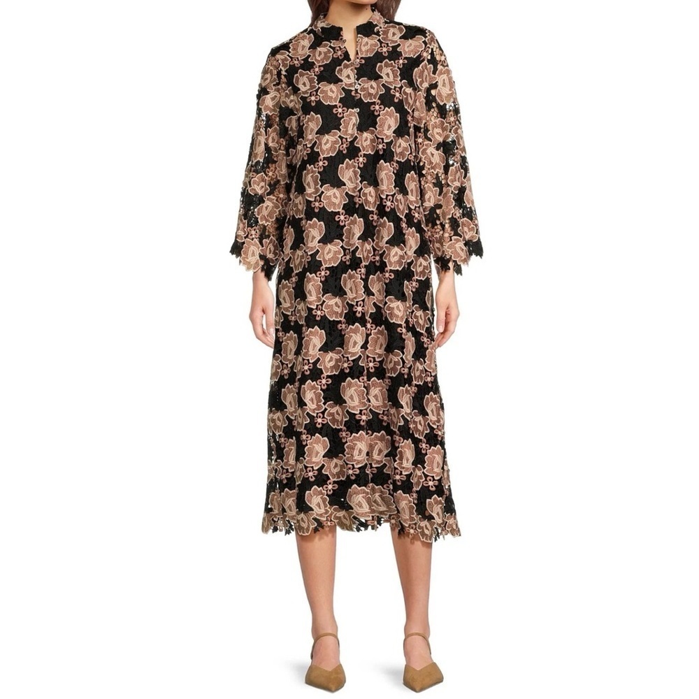J.Marie Women's Black Floral Talia Lace Mandarin Collar Midi Caftan Dress NWT
